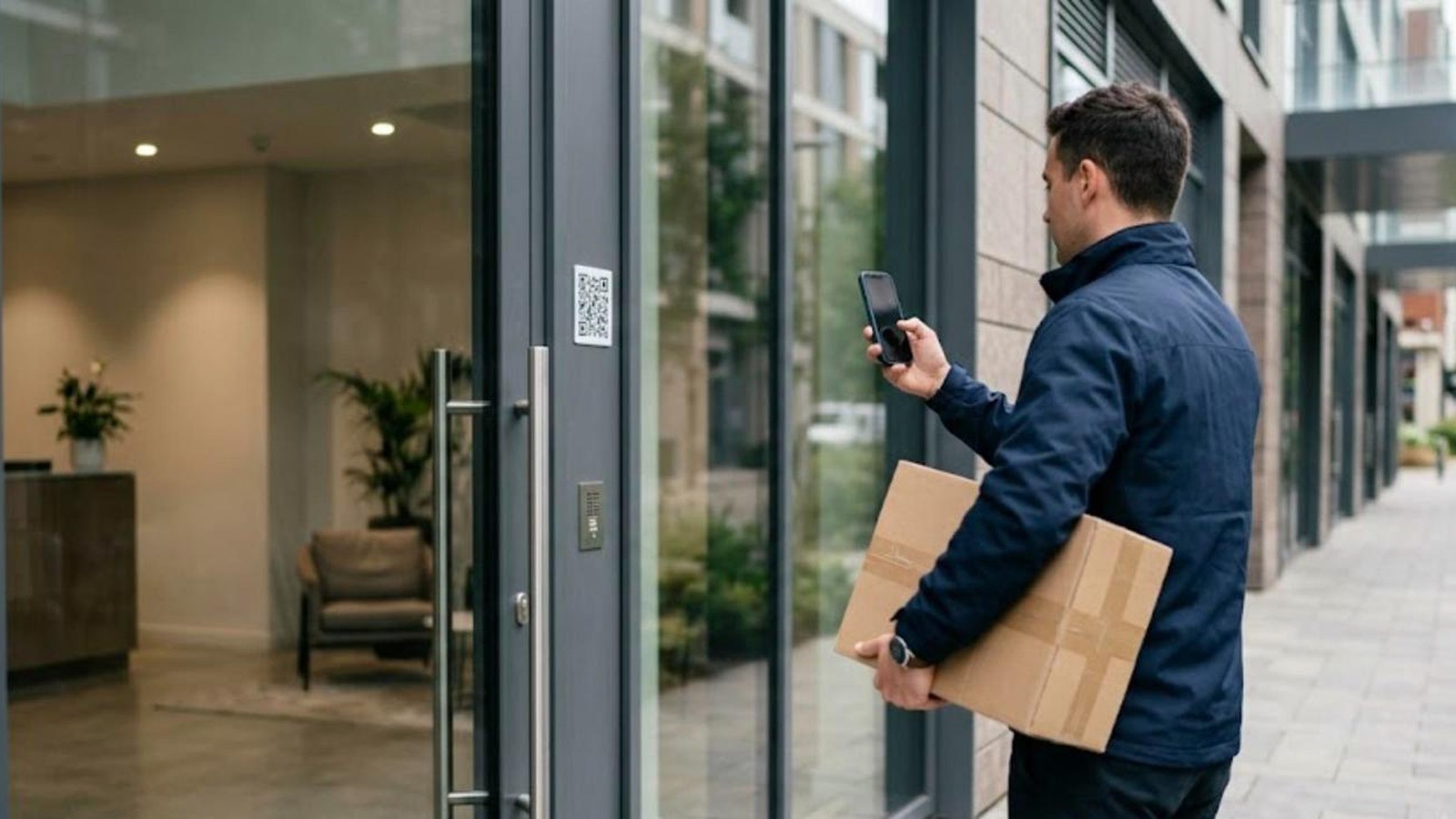 Courier scanning a QR code beside the glass entrance door of an apartment building while holding a parcel