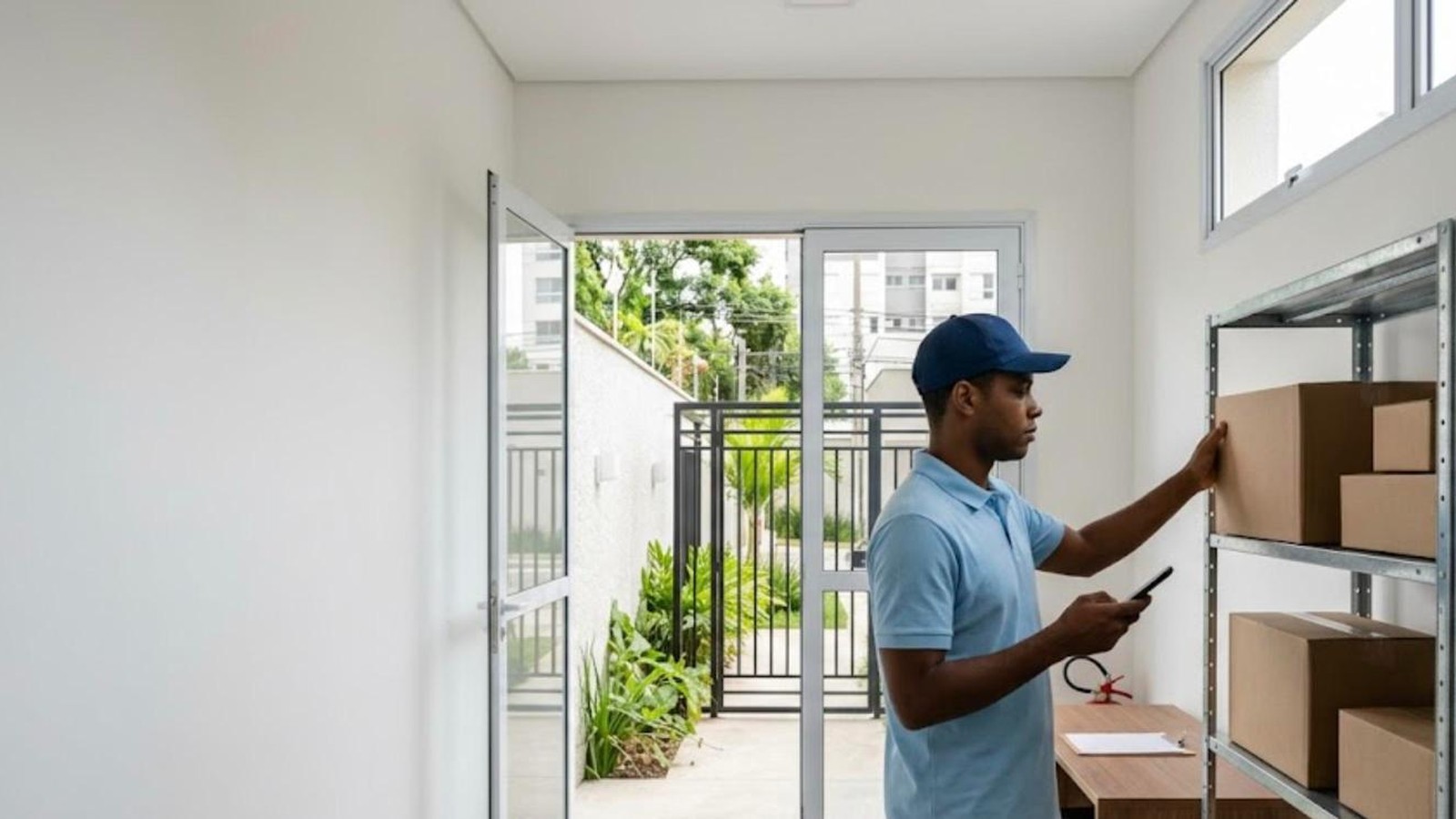 Repartidor dejando un paquete en un estante del cuarto de paquetes de la planta baja de un condominio brasileño, con el celular en la mano y la entrada con portón visible al fondo.