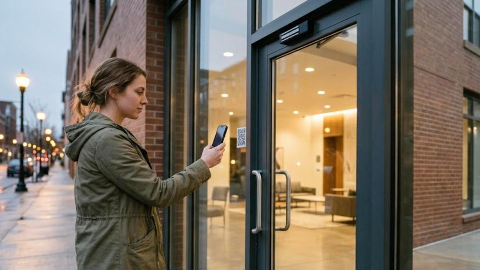 Visitor scanning a QR code on the glass entrance door of a brick apartment building at dusk