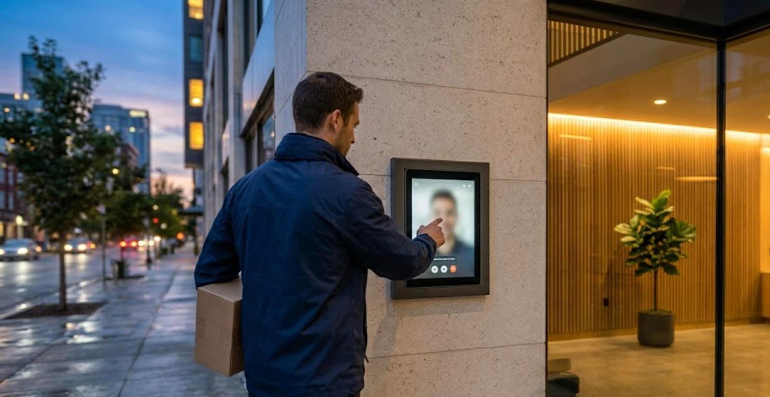 Ein Zusteller tippt auf ein an der Wand montiertes Lobby-Tablet neben dem Glaseingang eines Wohngebäudes, um einen Bewohner per Video anzurufen