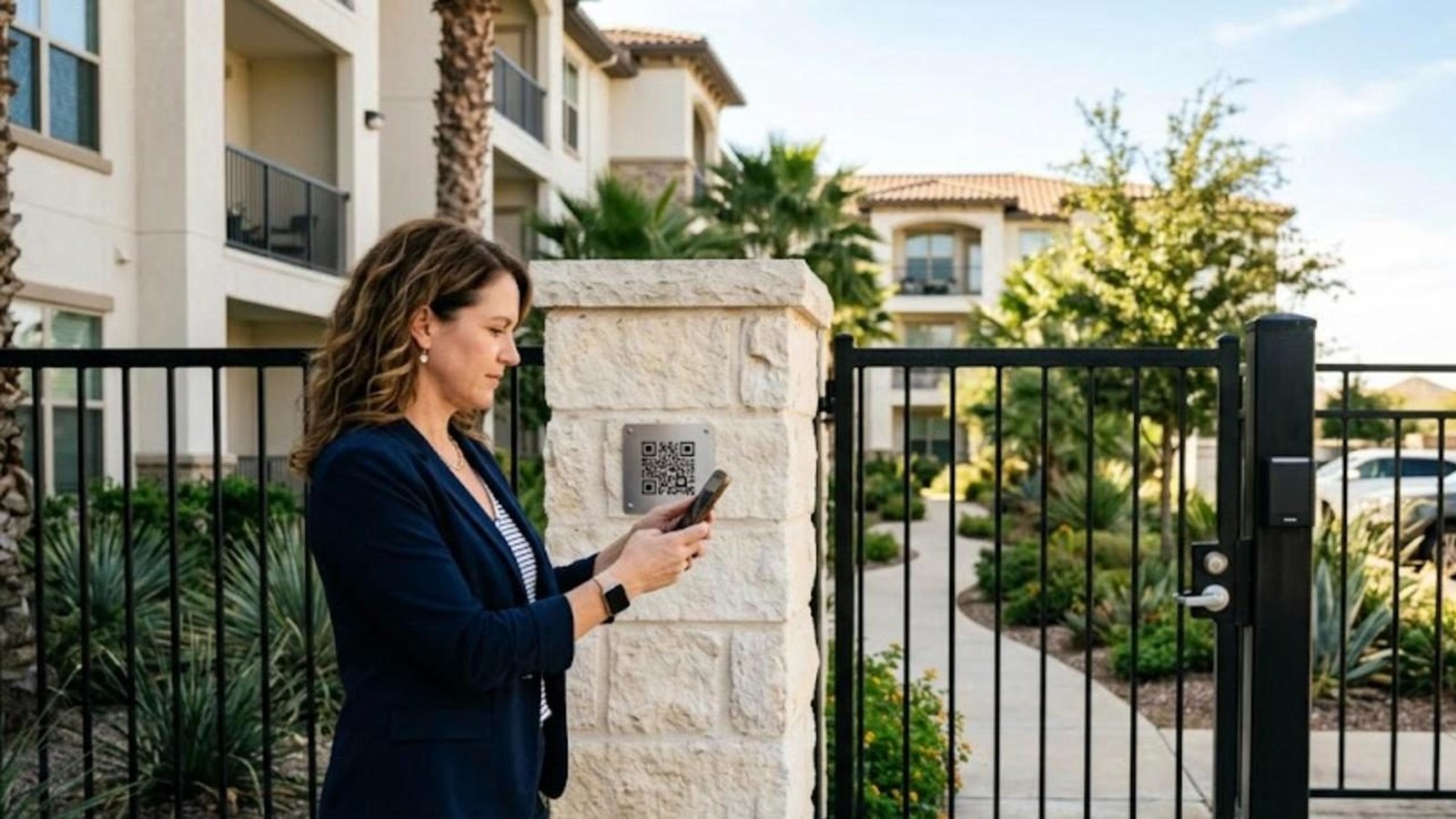 Property manager scanning a QR code plate on the stone pillar of a gated apartment community entrance in Texas