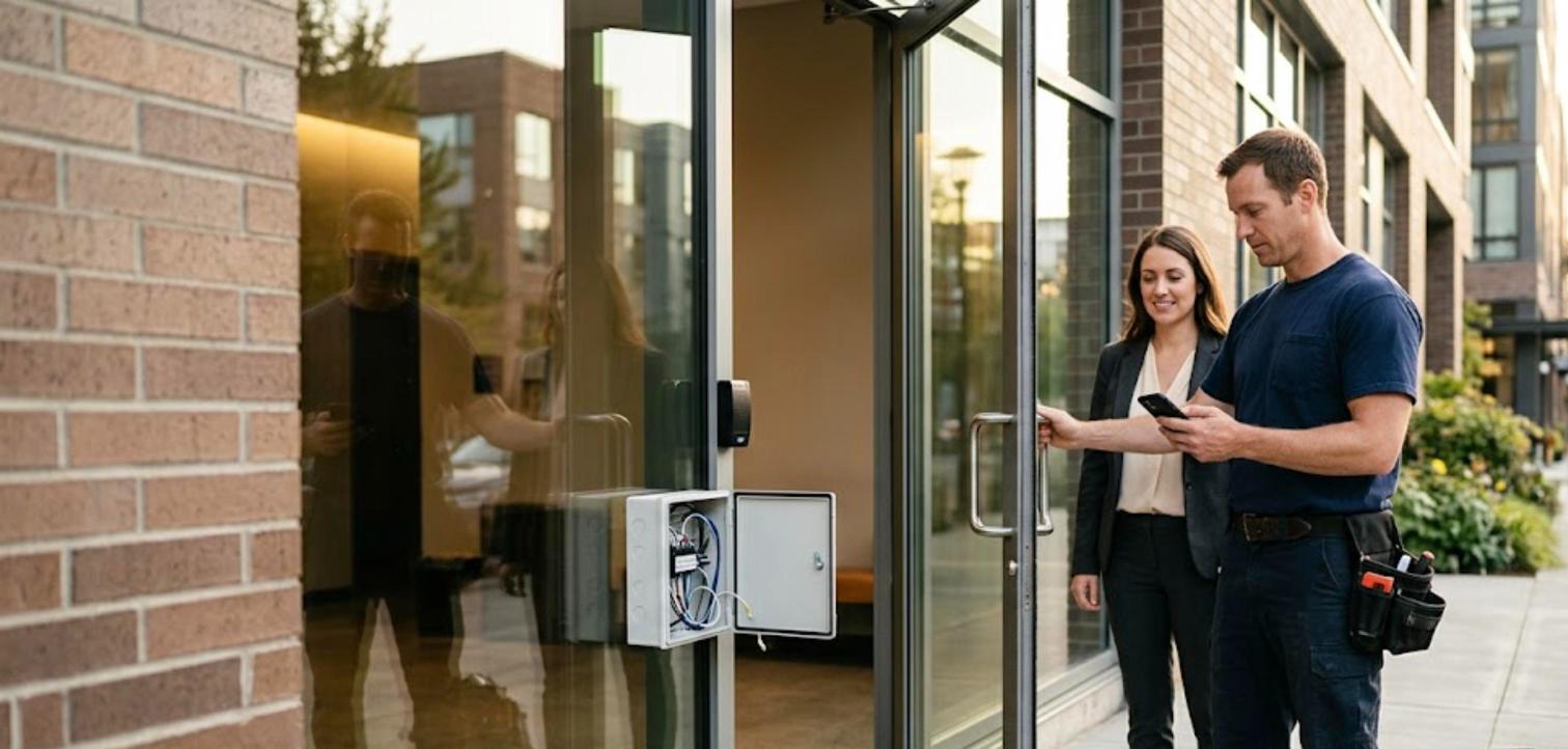 Ein Installateur und eine Hausverwalterin öffnen per Handy die Glastür einer Wohnhaus-Lobby neben dem vorhandenen Kartenleser und einem Relais-Anschlusskasten