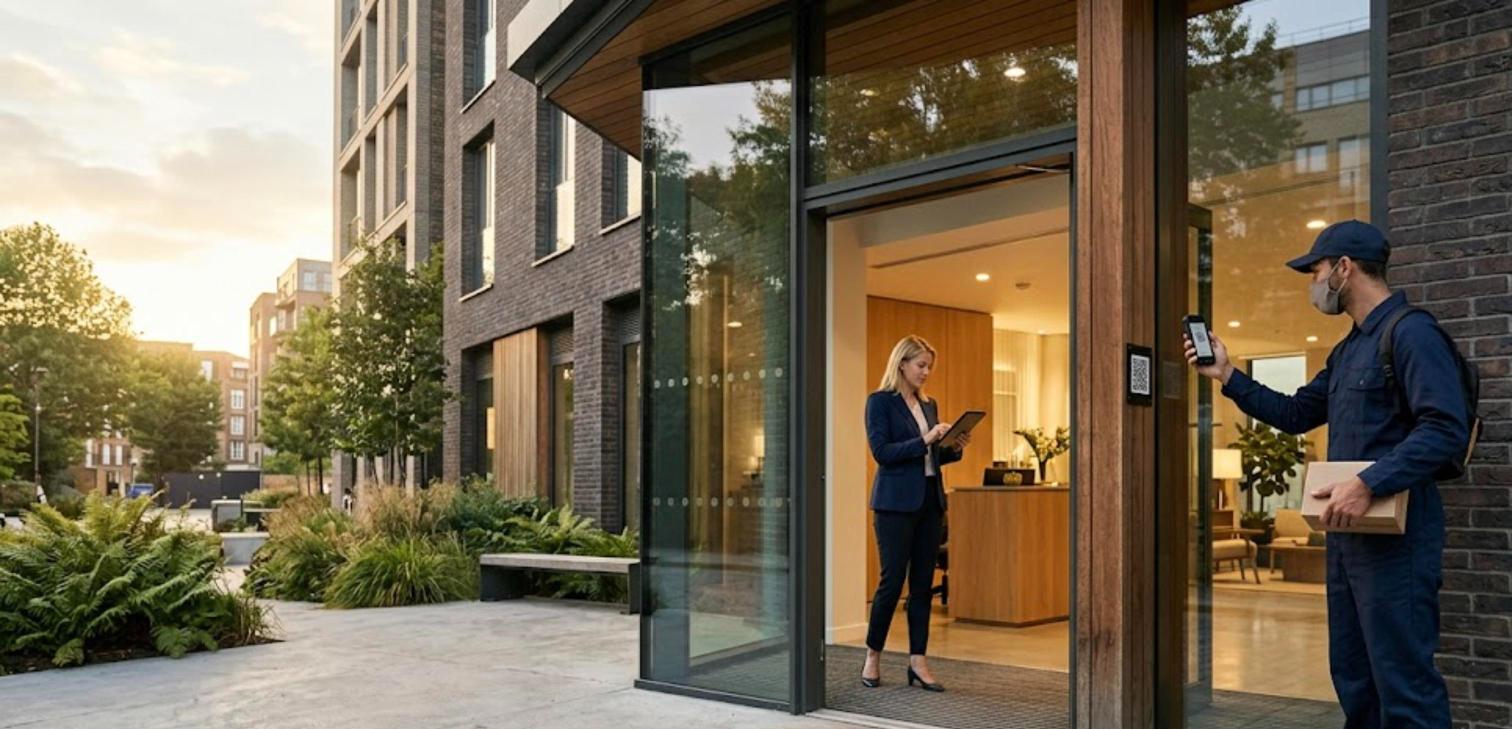 Courier scanning a QR code tag beside the glass lobby door of an apartment building while a property manager reviews a visitor log on a tablet inside.