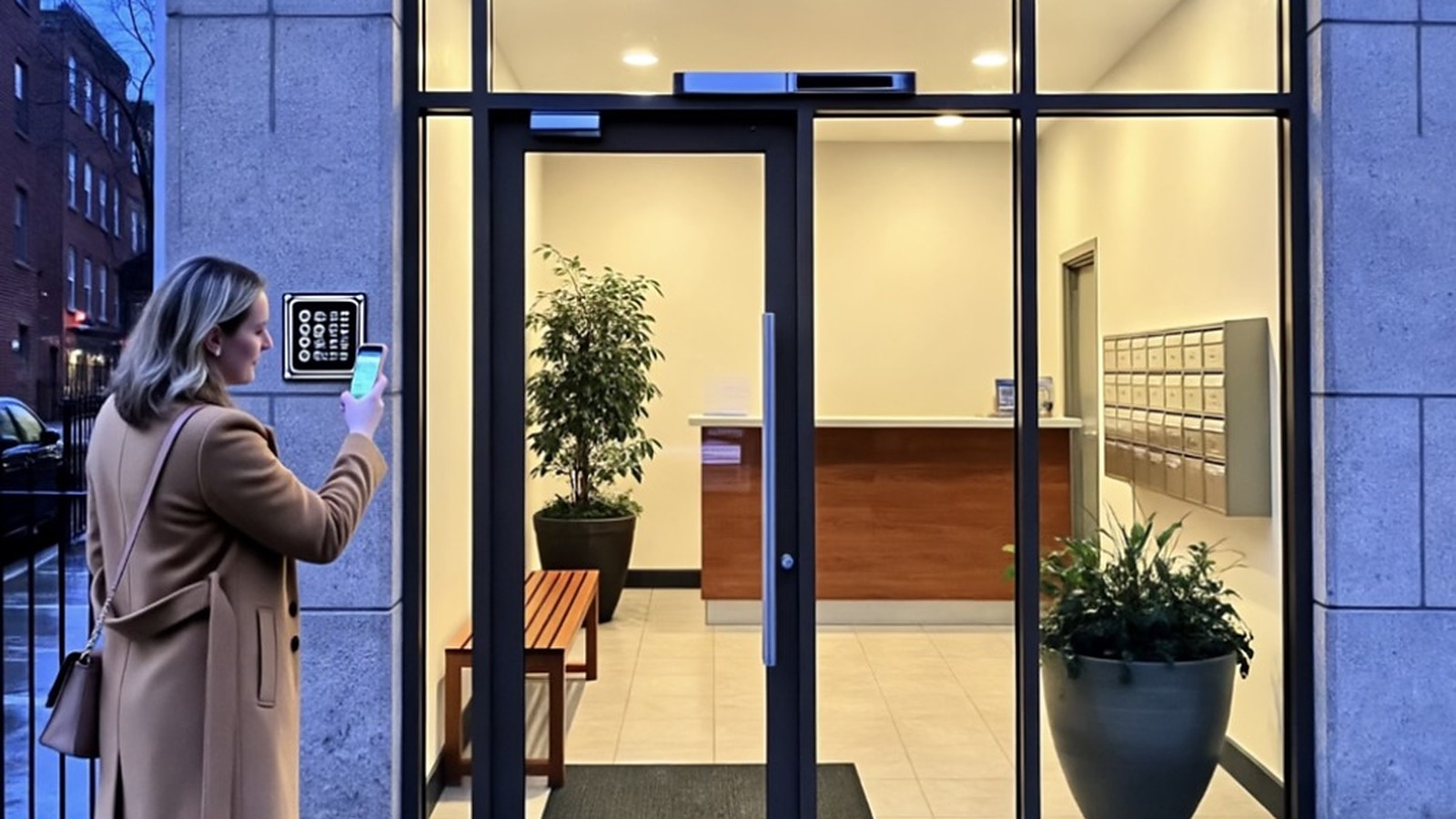 Un visitante escanea una placa con código QR junto a la puerta de cristal del vestíbulo sin personal de un edificio de apartamentos al anochecer