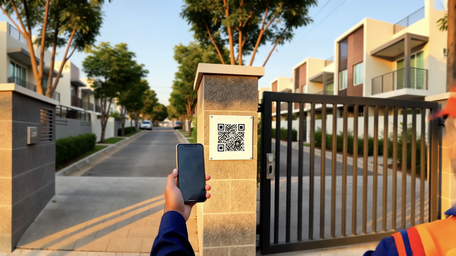 Delivery driver holding a smartphone up to a weatherproof QR code tag on a stone gate pillar beside a sliding gate at a gated community.