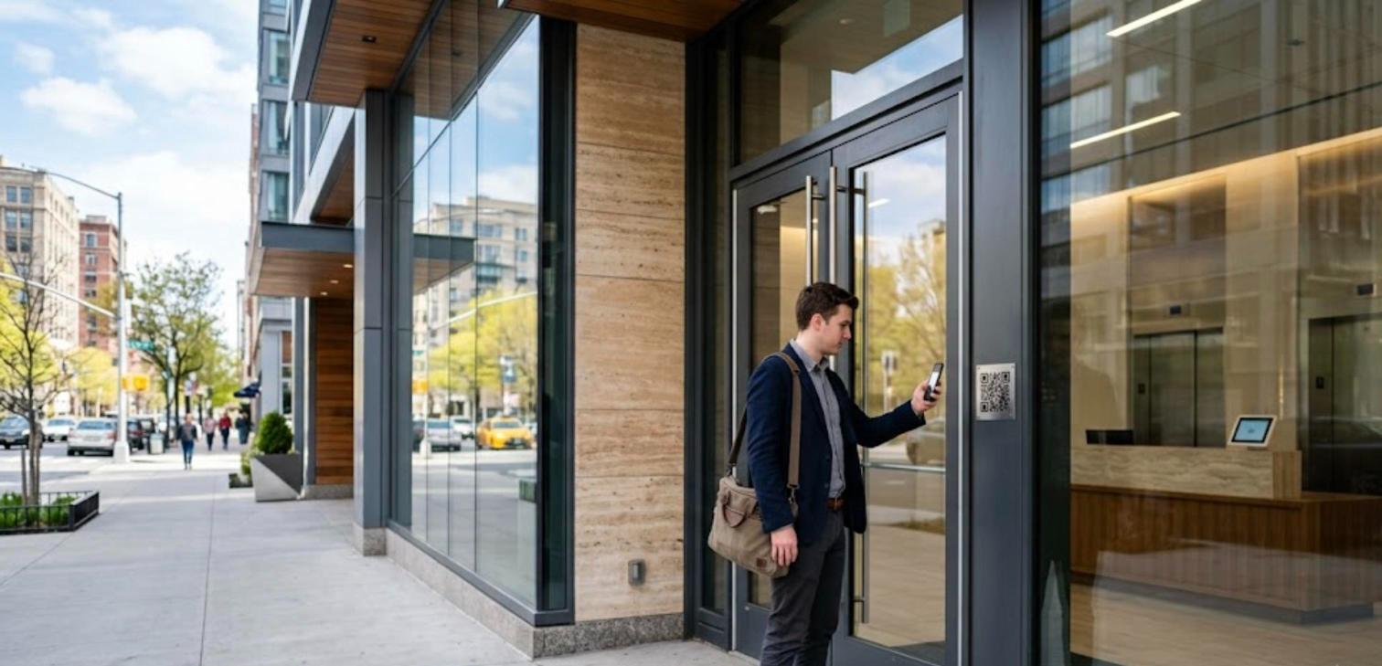 Visitor scanning a QR plate beside the glass entrance door of a multi-tenant office building with an unstaffed lobby behind.