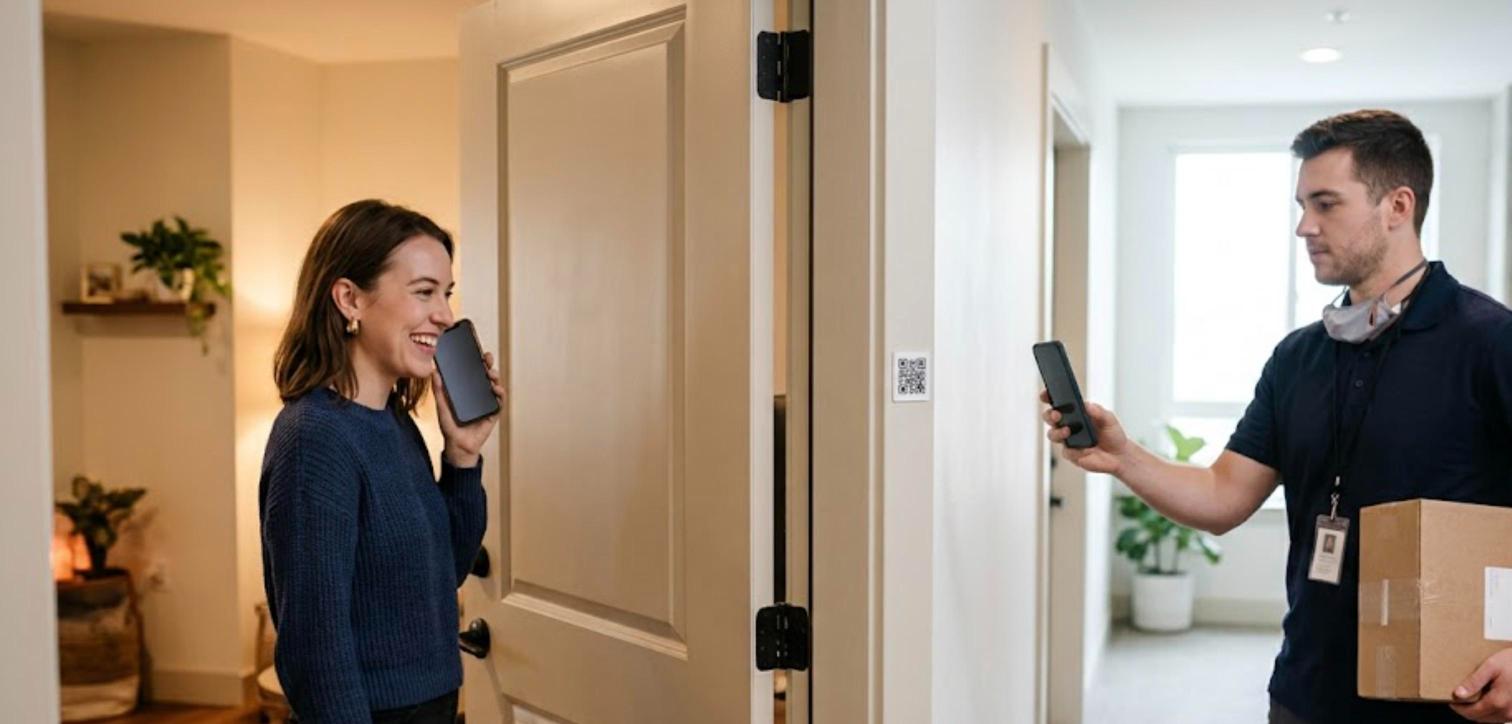 Un'inquilina risponde a una videochiamata sul telefono mentre un corriere inquadra una targhetta con codice QR sullo stipite della porta del suo appartamento