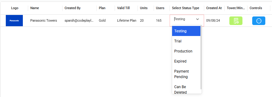 DoorVi admin panel — Select Status Type dropdown showing Testing, Trial, Production, Expired, Payment Pending, Can Be Deleted options