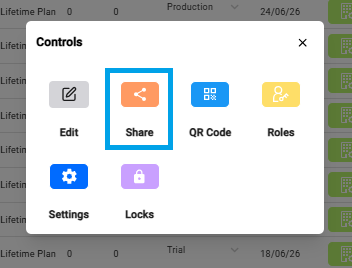 DoorVi admin panel — Controls popup showing Edit, Share, QR Code, Roles, Settings and Locks buttons