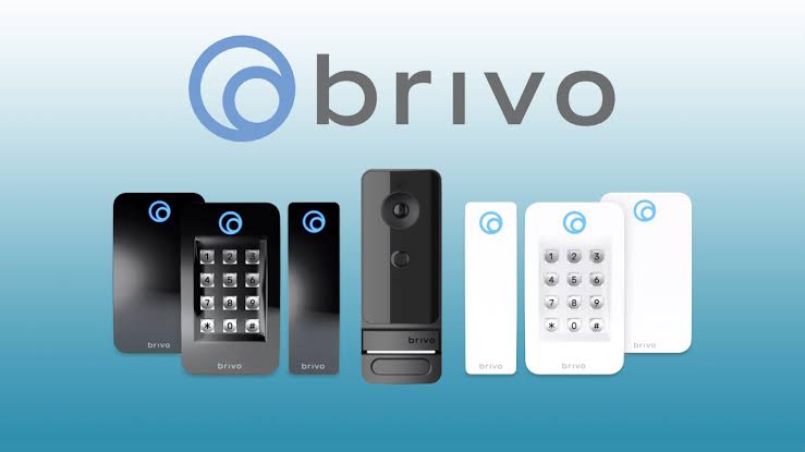 Brivo logo above a row of Brivo card readers, keypad readers and a video door station