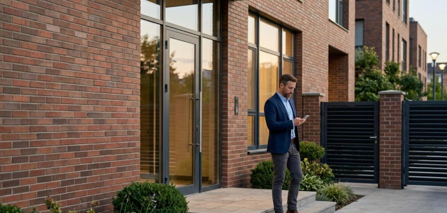 A property manager with a smartphone stands between a glass lobby door and a driveway gate at a brick apartment building