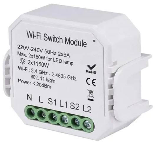 A white Wi-Fi relay switch module with screw terminals