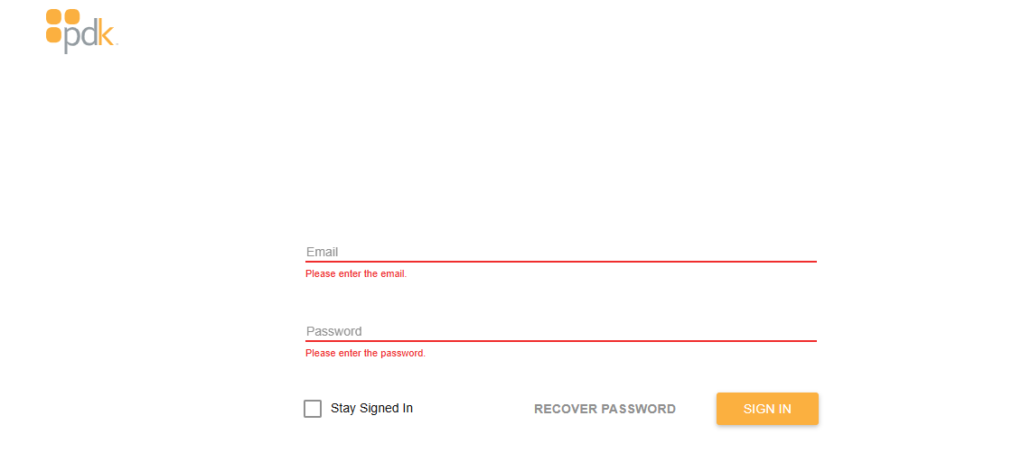PDK login screen showing Email and Password fields with Sign In button