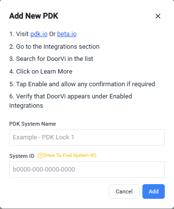 Add New PDK dialog showing PDK System Name and System ID input fields with Add button