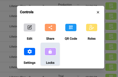 DoorVi building list showing Edit, Share, QR Code, Roles, Settings, Tower/Wings and Locks icons per row