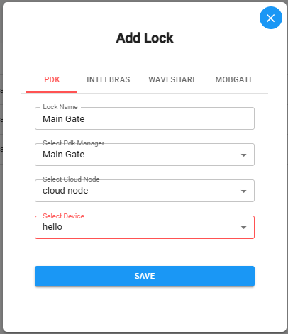 Add Lock dialog with PDK tab selected showing Lock Name, PDK Manager, Cloud Node and Device dropdowns