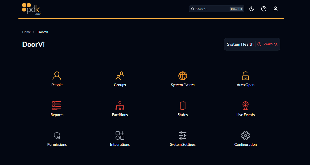 PDK dashboard showing main menu with Integrations option highlighted