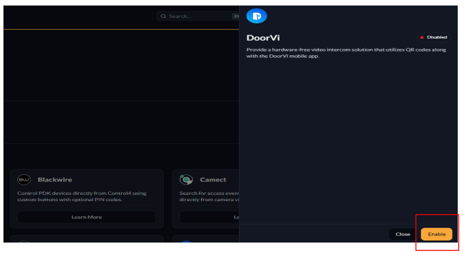 PDK DoorVi integration dialog with Enable button highlighted