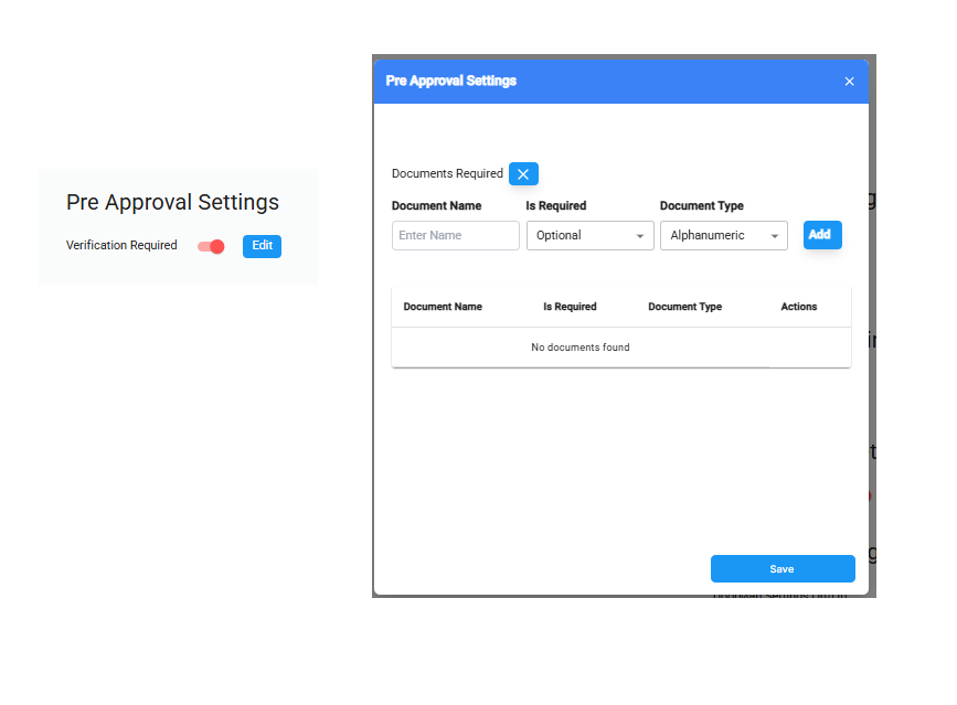 DoorVi admin panel — Pre Approval Settings modal showing Documents Required toggle, Document Name, Is Required, Document Type fields and Add button