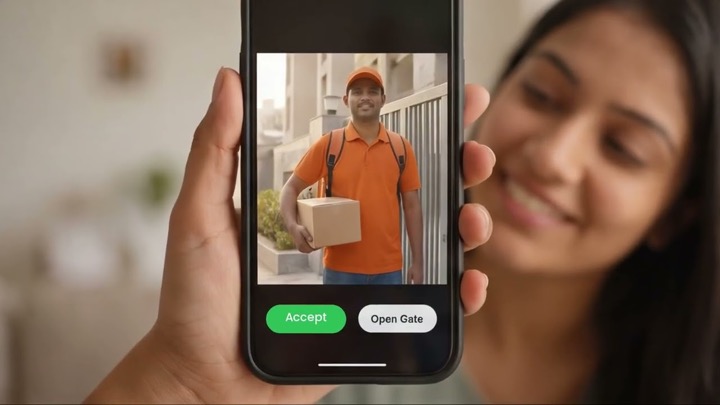 A phone showing a video call from a delivery driver at the gate, with Accept and Open Gate buttons