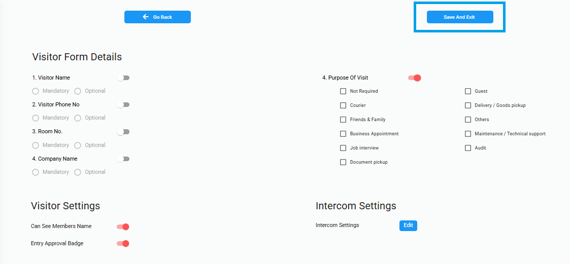 DoorVi admin panel — Visitor Form Details settings screen showing toggles for Visitor Name, Phone No., Room No., Company Name, and Purpose of Visit options