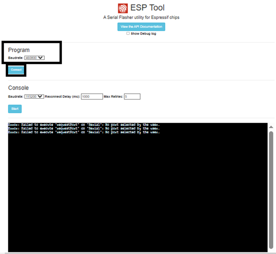 ESP Tool web page showing Baudrate set to 460800 and Connect button