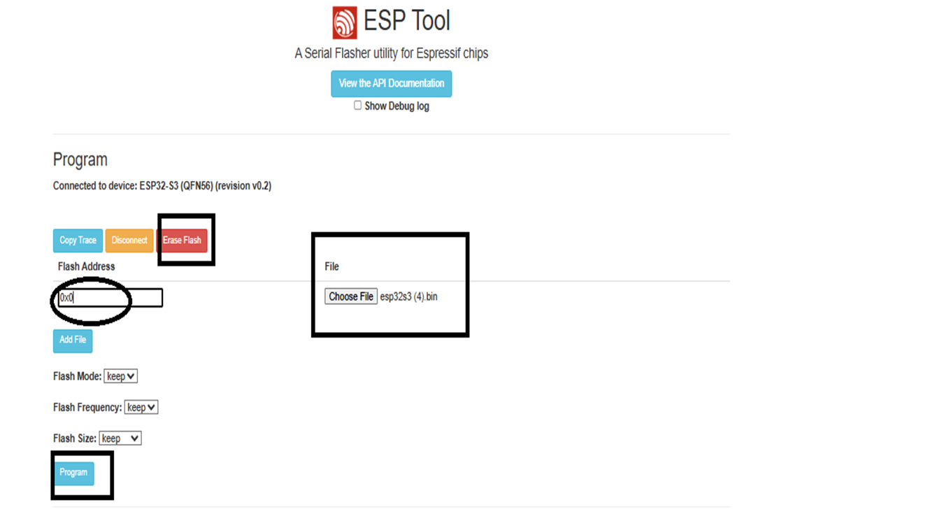 ESP Tool showing Erase Flash button, Flash Address 0x0, Choose File with esp32s3.bin and Program button