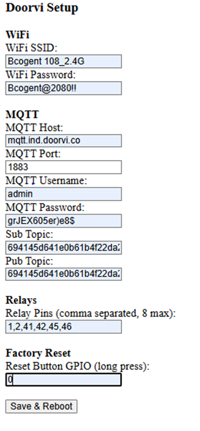 Doorvi Setup configuration page showing WiFi SSID, WiFi Password, MQTT Host, Port, Username, Password, Sub Topic, Pub Topic, Relay Pins and Save & Reboot button