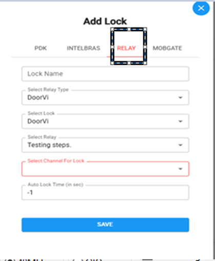DoorVi Add Lock dialog showing Relay tab selected with Lock Name, Select Lock, Select Relay and Channel fields
